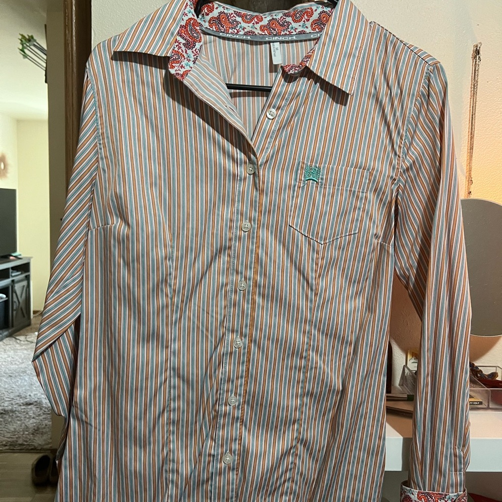 Cinch Orange and Blue Casual Button Down Shirt